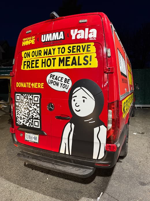 Brooklyn route, plating hot food at the bus window.